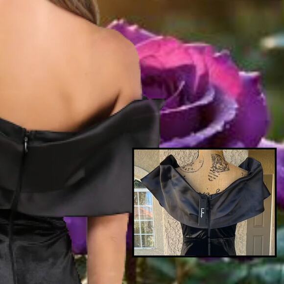 Lulus Black Velvet Off-The-Shoulder Coveted Luxury Maxi Dress Size M - Picture 4 of 10